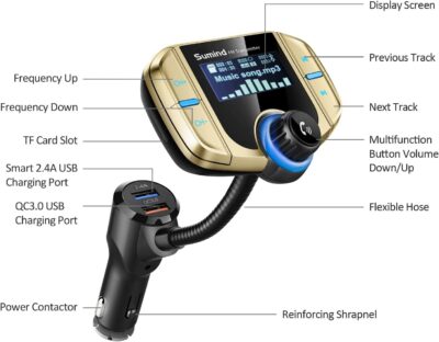 Sumind 2026 Upgraded Wireless Bluetooth Car Adapter FM Transmitter, 1.7'' LCD Display, Flexible Gooseneck, 20W QC3.0&Dual USB Ports, AUX Input/Output for Hands-Free Call, Micro/TF Card(Golden,Normal) - Image 2