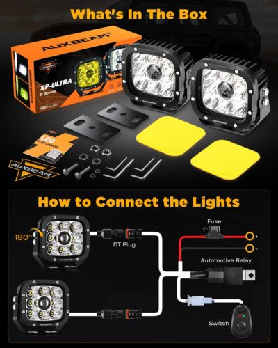 Auxbeam XP-Ultra Series 5" 110W LED Pod Lights, Hyper Spot Beam, Amber White Cube Offroad Lights, Dual Color Lens Covers, Off-Road Amber Fog Spotlight, Pair - Image 8