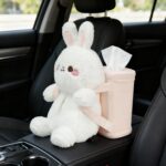 2-in-1 Car Tissue Holder & Trash Bin Organizer Cute Plush Bear/Rabbit/Capybara for Armrest Easy to Install Soft & Adorable (Rabbit)