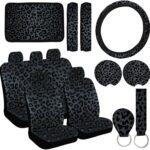 15 Pcs Black Leopard Print Printing Car Steering Wheel Cover Center Console Armrest Pad Headrest Seat Belt Cover Handbrake Cover Keychain Coaster Full Set Car SUV