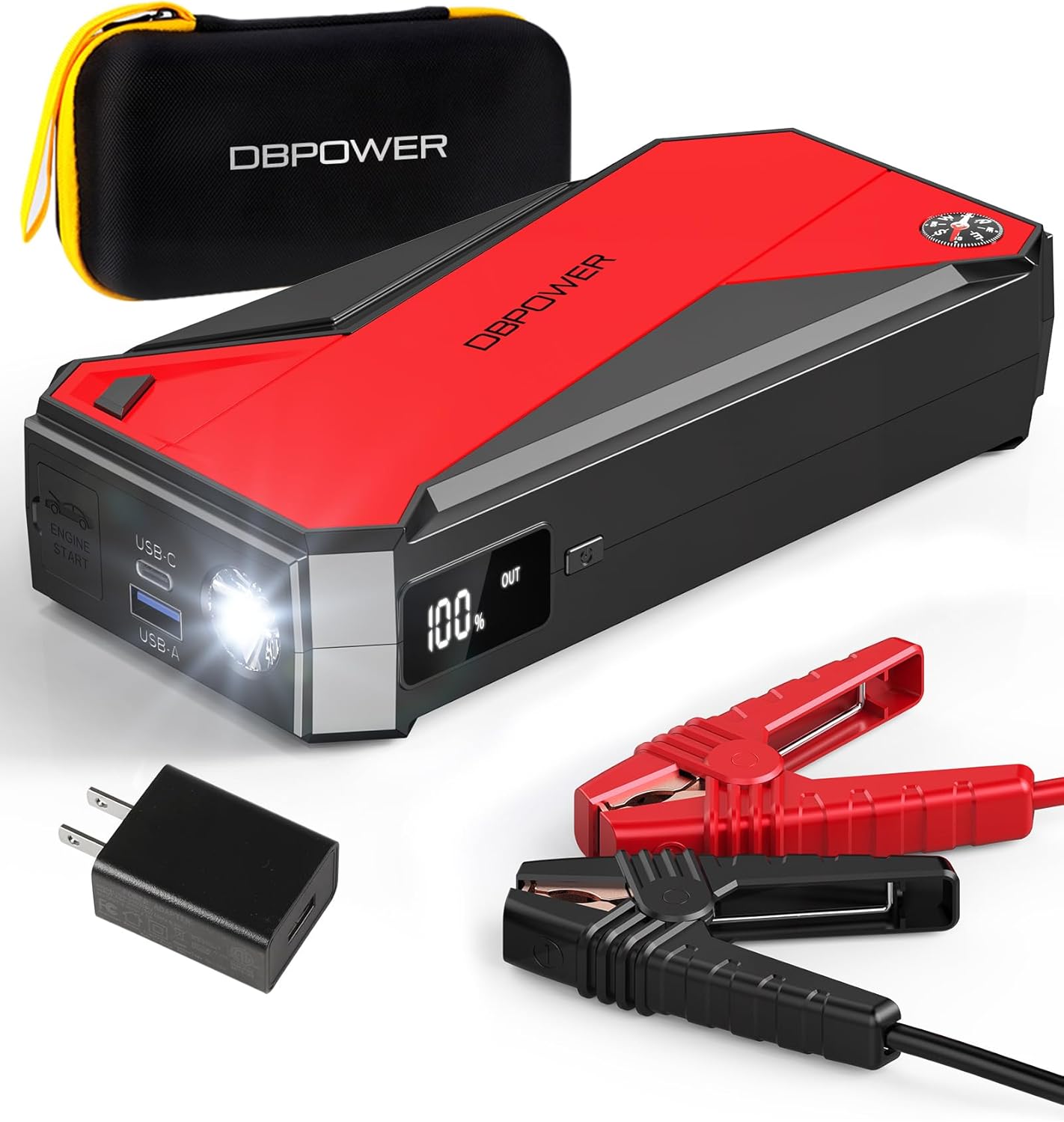 71bHrGfPSiL._AC_SL1500_.jpg DBPOWER Peak 3000A 18000mAh Portable Car Jump Starter (up to 8.0L Gas, 6.0L Diesel Engine) Battery Booster with Smart Charging Port, Compass, LCD Screen and LED Light (Black/Red) - Image 1
