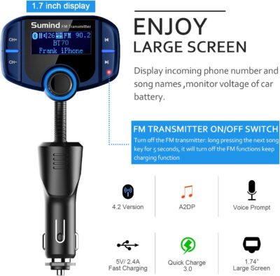 Sumind 2026 Upgraded Wireless Bluetooth Car Adapter FM Transmitter, 1.7'' LCD Display, Flexible Gooseneck, 20W QC3.0&Dual USB Ports, AUX Input/Output for Hands-Free Call, Micro/TF Card(Blue,Normal) - Image 3