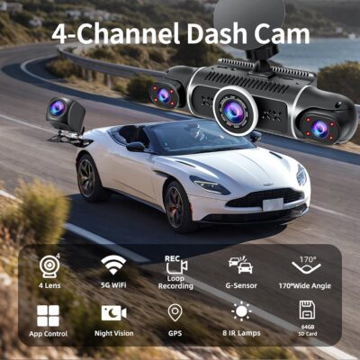 360° Dash Cam Front and Rear View 4 Channel Dash Camera FHD 2K+1080Px3 for Car, Inside/Back 170°+2x150°+170° Wide Angle, 8 IR Lamps Night Vision,WiFi,GPS, APP,G-Sensor with 64GB Card,24/7 Parking Mode - Image 2
