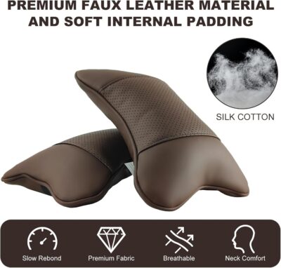 2 Pack Car Neck Pillow PU Leather Automotive Headrest Pillow for Car Support Neck Pain Relief Universal Car Pillow (Brown) - Image 5