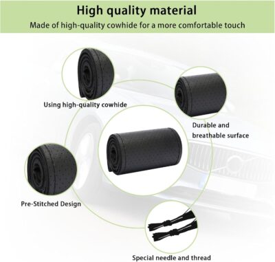 Kewucn Genuine Leather Steering Wheel Cover, 15" Universal Car Steering Wheel Protector with Needle Thread, Breathable Anti-Slip Steering Wheel Cover DIY Stitch on Wrap (Black, Full Hole) - Image 3