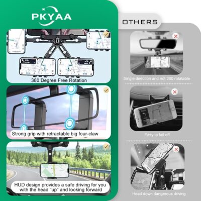 PKYAA Rearview Mirror Phone Holder for Car, 360° Rotating Rear View Mount with Adjustable Arm Length, Upgraded Four Corners Fixed Anti-Shake Multifunctional Design for All Smartphones - Image 6