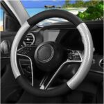 Carbon Fiber Car Steering Wheel Cover, 15 Inch Leather Breathable Anti-Slip Vehicle Steering Wheel Protector, Automotive Interior Accessories, Universal for SUV Sedan Truck (Gray)