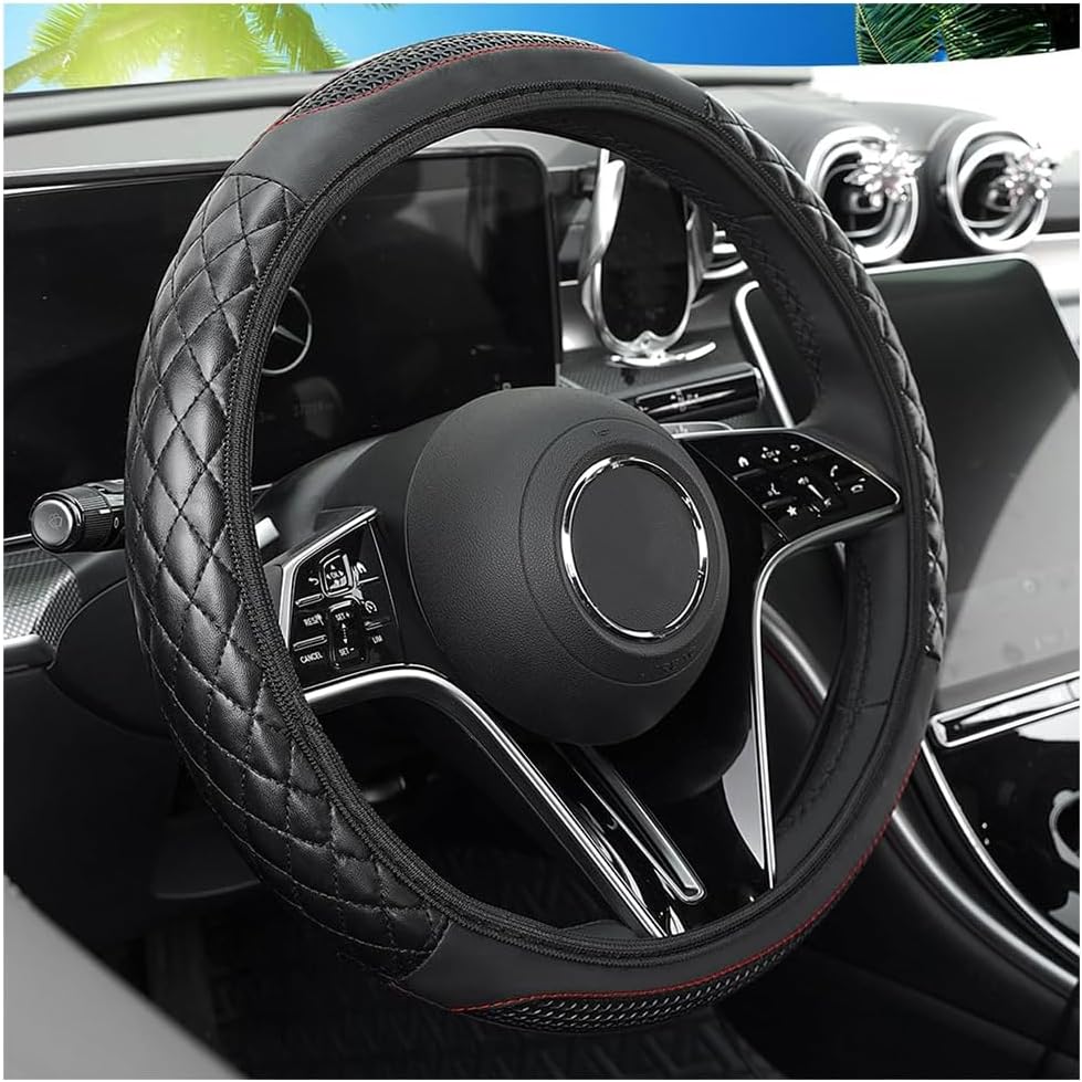 71c3-BKWucL._AC_SL1500_.jpg Car Steering Wheel Cover, 14.96" Leather Anti-Slip Vehicle Steering Wheel Protector with Fish Scale Graphic Grip, Automobile Interior Protection, Universal for Sedan Truck SUV (Black) - Image 1