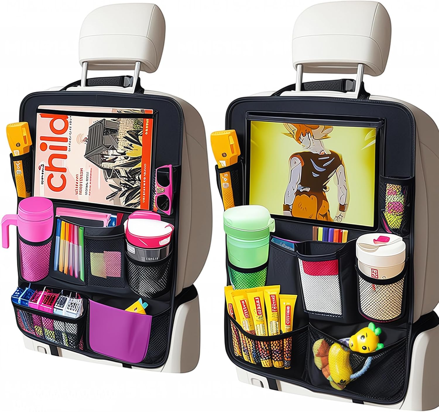 71cCM8Vip2L._AC_SL1500_.jpg Car Organizer Kick Mats Back Seat Protector, Car Back Seat Organizer with Tablet Holder Pocket for Kids, Travel Accessories with 10 Storage Pockets, 2 Pack - Image 1