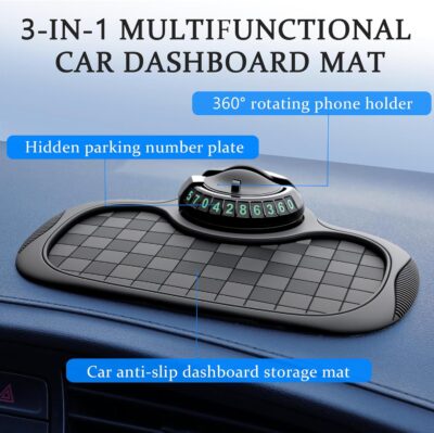 Multifunction Car Anti-Slip Mat Car Dashboard Mat 360° Rotating Adjustable Phone Holder with Hidden Parking Number Plate PVC Grid Style Mat - Image 2
