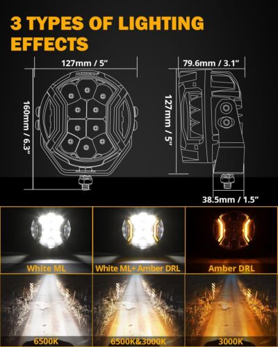 Auxbeam 5In V-Ultra Series 172W LED Light Pods, Offroad Round Driving Light with Amber DRL, 270° Wide Range Super Bright Side Shooter White Hyper Spot Beam Universal Lights with Black Cover-2PCS - Image 3