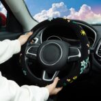 Embroidered Floral Bee Cute Black Steering Wheel Cover, Auto Anti-Slip Breathable Steering Wheel Protector,Floral Car Accessories for Women,Universal Size Fit Most Cars -15 inch - Image 4