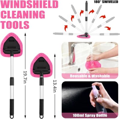 AUTODECO Windshield Cleaner Tool, 17Pcs Car Interior Detailing Kit, Detailing Brush, Towels, Duster, Car Cleaning Kit Interior for RVs, Truck, Trailer (Pink) - Image 2