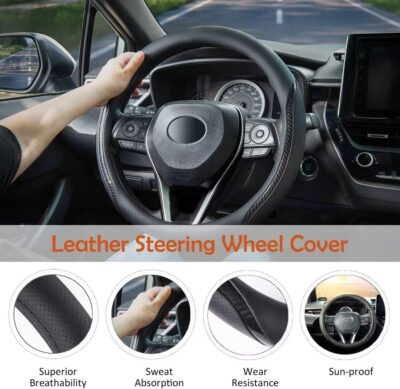 Steering Wheel Cover Black, Carbon Fiber Car Steering Wheel Covers with Coasters Universal 14.5-15 inch Leather Microfiber Breathable Anti-Slip Steering Wheel Accessories Set - Image 4