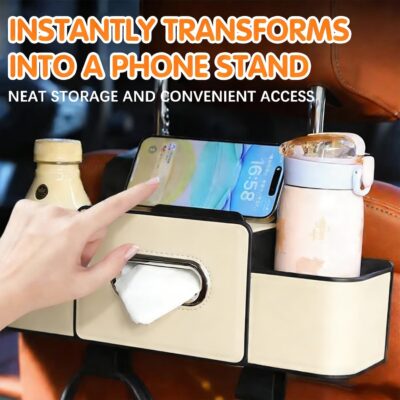 UKM 3-in-1 Back Seat Car Organizer, Car Backseat Storage Box with Cup Holder, Tissue Box&Hooks, Multifunctional Waterproof Storage for Hold Phones Drinks Handbags (Black) - Image 3