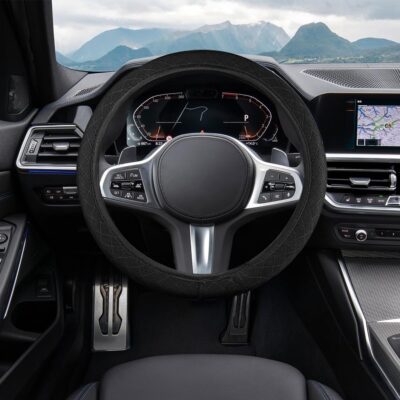 Elastic Stretch Car Steering Wheel Cover, Breathable Microfiber Ice Silk Vehicle Steer Wheel Protector for 15Inch, Anti-Slip Auto Interior Accessories Universal for SUV, Truck, RV (Black) - Image 3