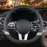 14 inch Cute D Shaped Steering Wheel Cover for Women Men Faux Leather and Carbon Fiber,Black