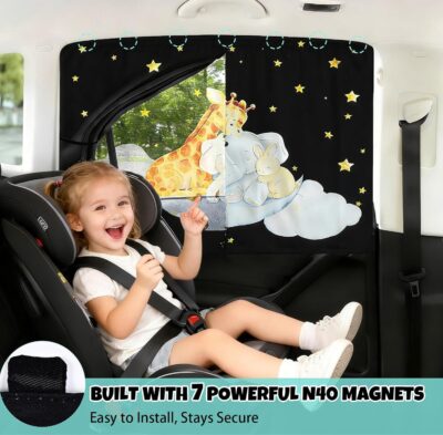 Car Window Shade for Baby, 2 Pack Double Layer with 7 Strong Magnets, Cute Giraffe & Star Design Baby Sun Shade for Car Window, Adjustable Blackout & See-Through Privacy Curtains UV Protection - Image 4