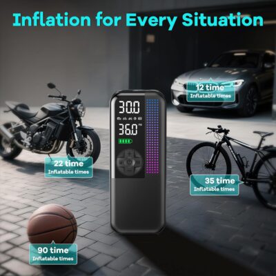 Tire Inflator Portable Air Compressor, 150 PSI Cordless Air Pump, Dual Power 6000mAh, 12V DC Car Plug, Fast Inflation 24L/Min, Auto Shut-Off, LED Light, 4 Preset Modes for Car, Bike, Motorcycle, Balls - Image 4