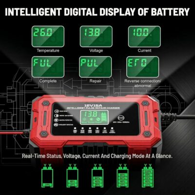 Battery Charger 15A 12V Fully Automatic Smart Trickle Car Battery Charger Maintainer with LCD Display & Temperature Compensation for Car Truck Motorcycle Lawn Mower Boat - Image 3
