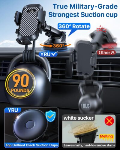 YRU True Military-Grade [360° Rotation Suction] 2026 Ultimate Car Phone Holder Mount 【90+LBS Safest Strongest & Patent Certs】 Dash Windshield Vent for iPhone 17 16 Pro Max Samsung Camera,Gloss Black - Image 2