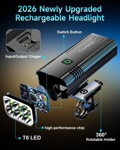 2026 Upgrade 6800Lumen Bike Light for Night Riding,Super Bright 6 LED Headlight,Aluminum 10 Mode Rechargeable Bicycle Light Front and Rear,360°Rotatable Brackt,Waterproof,Runtime 72 hr,Road Shockproof - Image 7