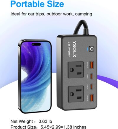300W Car Power Inverter - YSOLX Dual DC 12V to 110V AC Car Outlet Adapter to Wall Plug, 24W Fast Charging USB-C&USB-A, Portable ​Charger Converter with for Laptops, Phones - Image 5
