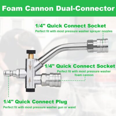 DUSICHIN Pressure Washer Gun Foam Cannon Dual Connector Shift Valve, Car Wash Foam Cannon Kit 1/4 Inch Quick Connector 5 Pressure Washer Nozzle Tips Build-in Design Work with A Pressure Washer DUS2703 - Image 6