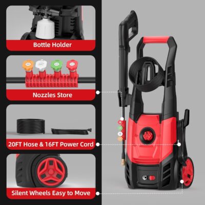Electric Pressure Washer, 2.5 Max GPM Electric Power Washer with Foam Cannon, Powerwasher with 4 Nozzles, High Pressure Washer for Cars, Driveways, Patios, Decks - Image 9