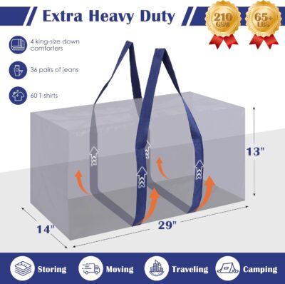 6 Pack Extra Large Heavy Duty Moving Bags with Reinforced Zipper & Wide Handles, Moisture-Resistant Storage Bins Packing Cubes for Clothes, College Dorm, Travel, and Home Organization, Dark Blue - Image 2