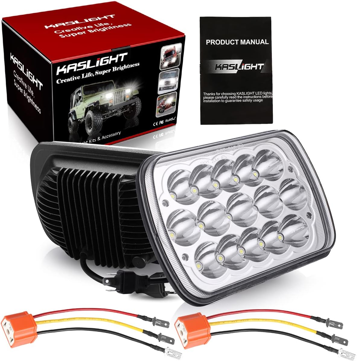 71dkaO1KubL._AC_SL1200_.jpg H6054 Led Headlights H4 Socket kit, 7x6 5x7 Led Headlight 6054 5054 Hi/Low Sealed Beam for S10 Blazer Jeep Xj Yj Chevy Express GMC Savana Ford Econoline E150 Nissan D21 Toyota Pickup Truck - Image 1
