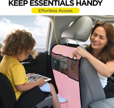 lebogner Back Seat Cover for Kids + 3 Pocket Storage Organizer, (Pink - 3 Pocket) - Image 2