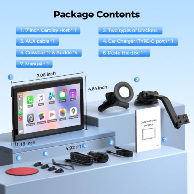 Topexplore 7" Wireless Apple CarPlay and Android Auto Screen with Magnetic Mount, Portrait/Landscape Switch, Portable Car Stereo with Bluetooth, Mirror Link, GPS, OTA Update - Image 8