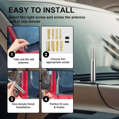 Chrome Antenna 50 Cal Car Truck Bullet Antenna Truck Accessories Universal Replacement for GMC Sierra 1500 Chevy Dodge Ram Silverado 1500 2500 3500 Ford F150 F250 F350 (Chrome) - Image 7