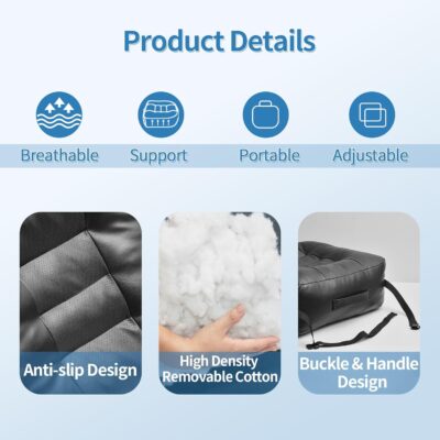 YOUFI Leather Seat Cushion Extra-Thick Booster for Office Chair to Rise Height - Full Filling for Support - with Breathable Cover, Handle and Buckle - Relieves Back Pain – 18"x16"x6" (Black) - Image 4