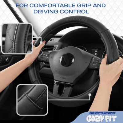 Skechers Steering Wheel Cover Contour Foam Cozy Fit, Leather Steering Wheel Covers,Universal Anti-Slip Fit 14" 1/2-15" Car Wheel Cover for Car Decor Gifts Fit Suvs,Vans,Sedans,Car,Trucks,Black - Image 6