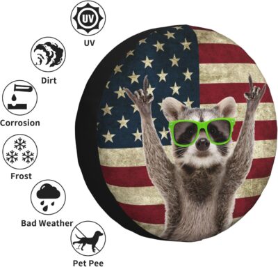 Spare Tire Cover for RV Camper Funny Cute Raccoon American Flag, Weatherproof Universal Wheel Cover for RV Travel Trailer Camper Truck 14inch - Image 5