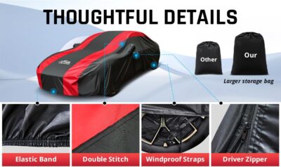 Car Cover Waterproof All Weather Protection with Red Stripe Design, Universal Fit Toyota Camry Solara, Ford Fusion, Kia Stinger Optima, Nissan Maxima, VW Passat, Subaru Legcy - Image 4