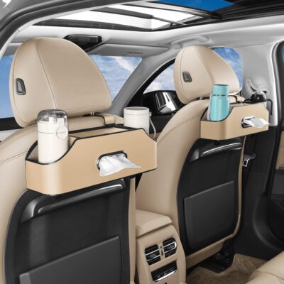 HOLDCY Car Back Seat Organizer with 2 Drink Cup Holder - Tissue Box and Storage Box Hook - Multi-functional Storage - Great for Kids and Travel (Beige) - Image 3