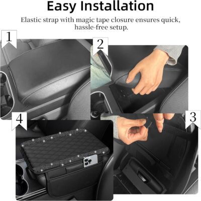 NBTEPEM Bling Car Center Console Cover, Leather Car Arm Rest Cover Cushion with 2 Storage Bags, Universal Automotive Armrest Protector Storage Box, Bling Accessories Interior for Most Vehicles (Black) - Image 5