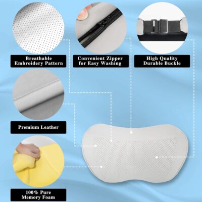 Car Headrest Pillow 100% Memory Foam, Breathable Removable Leather Cover, Premium Seat Support Head Neck Cushion for Driving Travel Home Office, White, 1 Pack - Image 3