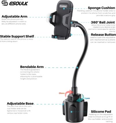 Esoulk Car Cup Phone Holder, Car Phone Holder Cup Holder with 11” Long Arm, Goose Neck Cupholder Phone Holder, Adjustable Phone Holder for Car, Universal Cup Holder for Car, Cup Cradle - Image 4