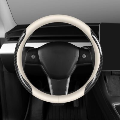 Nappa Leather car Steering Wheel Cover,Carbon Fiber Sports car Interior Non-Slip Ultrathin 15 inches Universal (White) - Image 4