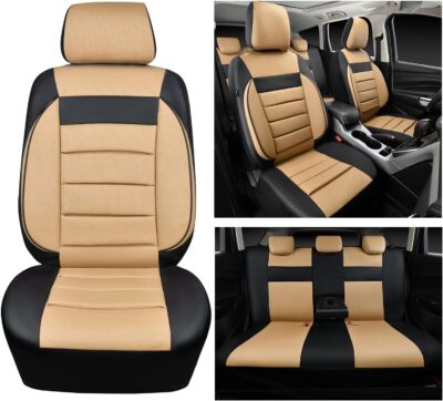 CAR PASS Leather Seat Covers Full Set Universal Water Resistant 3D Foam Back Support, Luxury Comfort Automotive 5 Seat Covers All Season Fit for SUV,Sedan,Van, Airbag Compatible Elegance(Beige Black) - Image 7