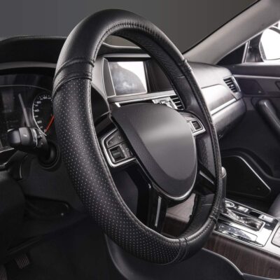 Car Pass Classical Leather Automotive Universal Steering Wheel Covers,Universal Fit for Suvs,Trucks,Sedans,Cars,Vans,14.5-15inch Anti-Slip Safety Comfortable Desgin(Black) - Image 4