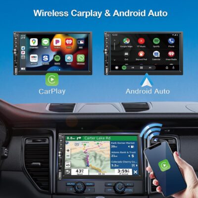Wireless Double Din Car Stereo Works with Apple Carplay,7 Inch HD 1024 * 600 Touchscreen with Bluetooth 5.1,FM Car Radio,GPS Navigation,Backup Camera,Android Auto,Voice Control,USB/AUX/TF/SWC - Image 2