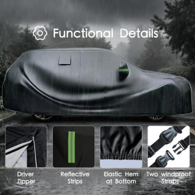 Car Cover Waterproof All Weather 10 Layers Full Car Cover Universal 210T Heavy Duty for Rain Sun UV Protection with Door Zipper and Air Vent. (Black PU Oxford Fabric, Fits SUVs up to 190") - Image 3