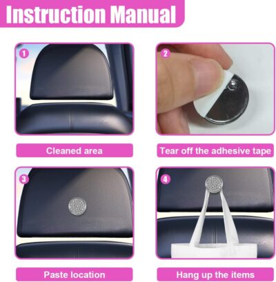 YoRise 4PCS Bling Car Hooks, Crystal Rhinestone Car Storage Hook with Self-Adhesive Backing, Multi-Function Dashboard Hooks, Hanging Mini Hook for Vehicle Cable Keys Sunglasses Hat (White) - Image 4