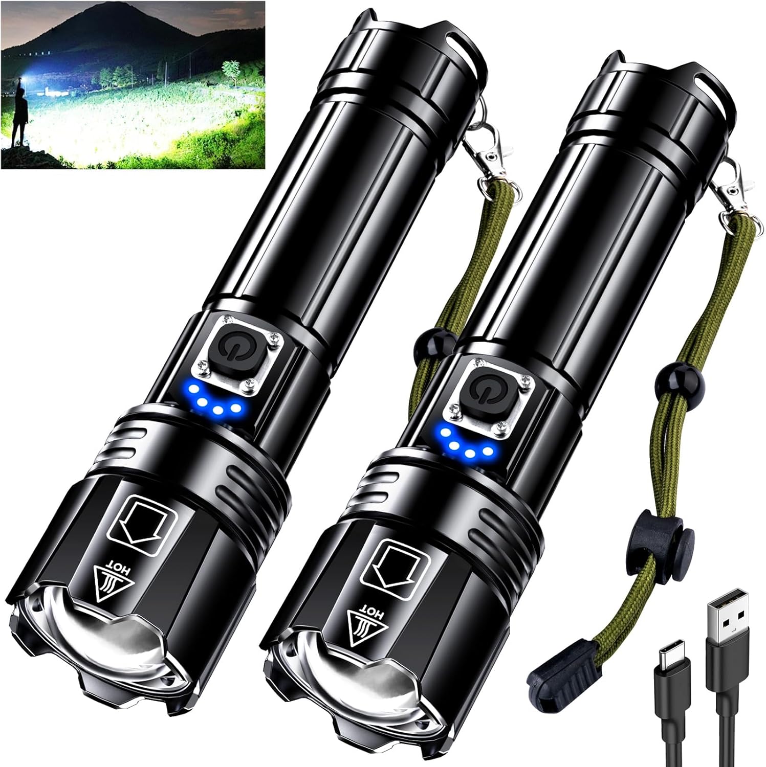 71f6brHrk1L._AC_SL1500_.jpg AKNEAR Rechargeable LED Flashlight 99000 High Lumens, Super Bright Flashlights with Zoomable & USB C Rechargeable & 5 Light Mode & IPX-7 Waterproof, Powerful Flash Light for Home, Hiking, Camping - Image 1