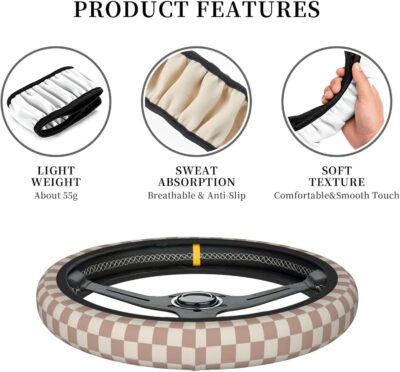 Khaki Checkered Steering Wheel Cover for Women,Universal Auto Steering Wheel 14-15 Inch Car Interior Accessories with 2PCS Car Coasters,Suitable for Men and Women - Image 4
